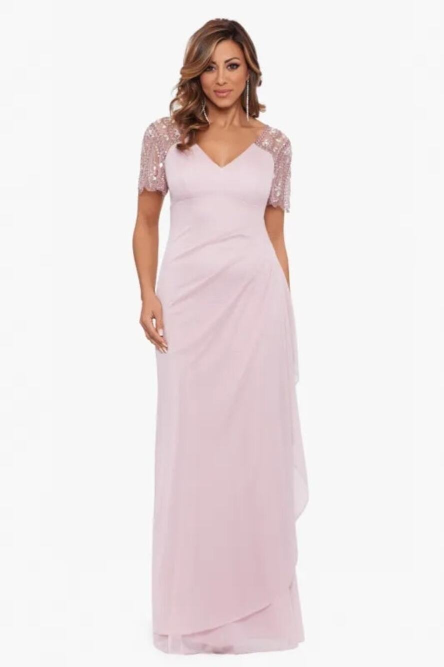 XSCAPE Embellished V-Neck Beaded Flutter Sleeve Dress Rose Pink Size 6 NWT
